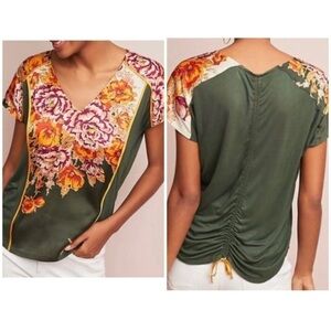 TINY Anthropologie Sz SP PS Floral Print V Neck Ruched Draped Back Top Blouse